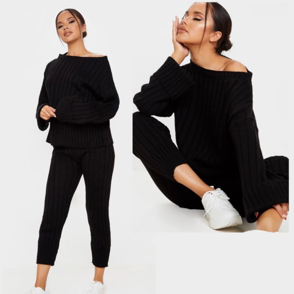 Black off the Shoulder Sweater & Leggings Set